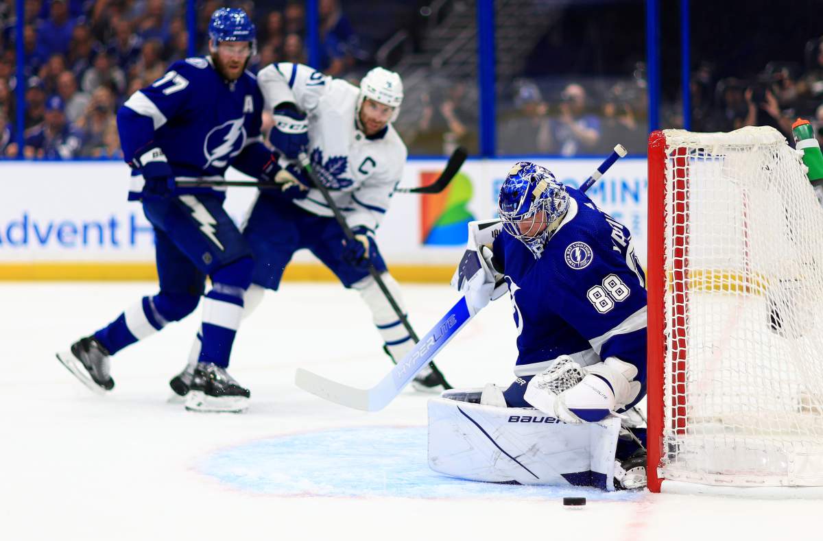 Andrei Vasilevskiy #88 of the Tampa Bay Lightning makes a save in the first first period during Game Four of the First Round of the 2022 Stanley Cup Playoffs against the Toronto Maple Leafs at Amalie Arena on May 08, 2022 in Tampa, Florida. (Photo by Mike Ehrmann/Getty Images)
