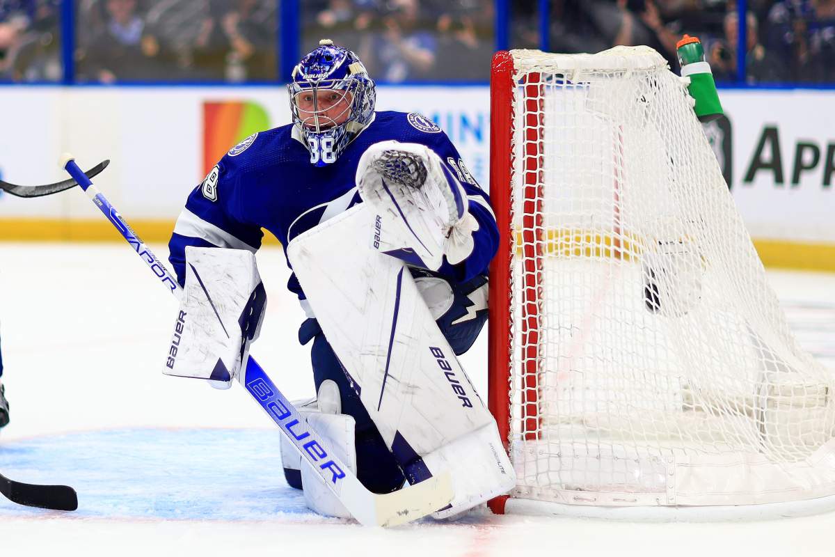 Andrei Vasilevskiy #88 of the Tampa Bay Lightning looks on in the first first period during Game Four of the First Round of the 2022 Stanley Cup Playoffs against the Toronto Maple Leafs at Amalie Arena on May 08, 2022 in Tampa, Florida. (Photo by Mike Ehrmann/Getty Images)