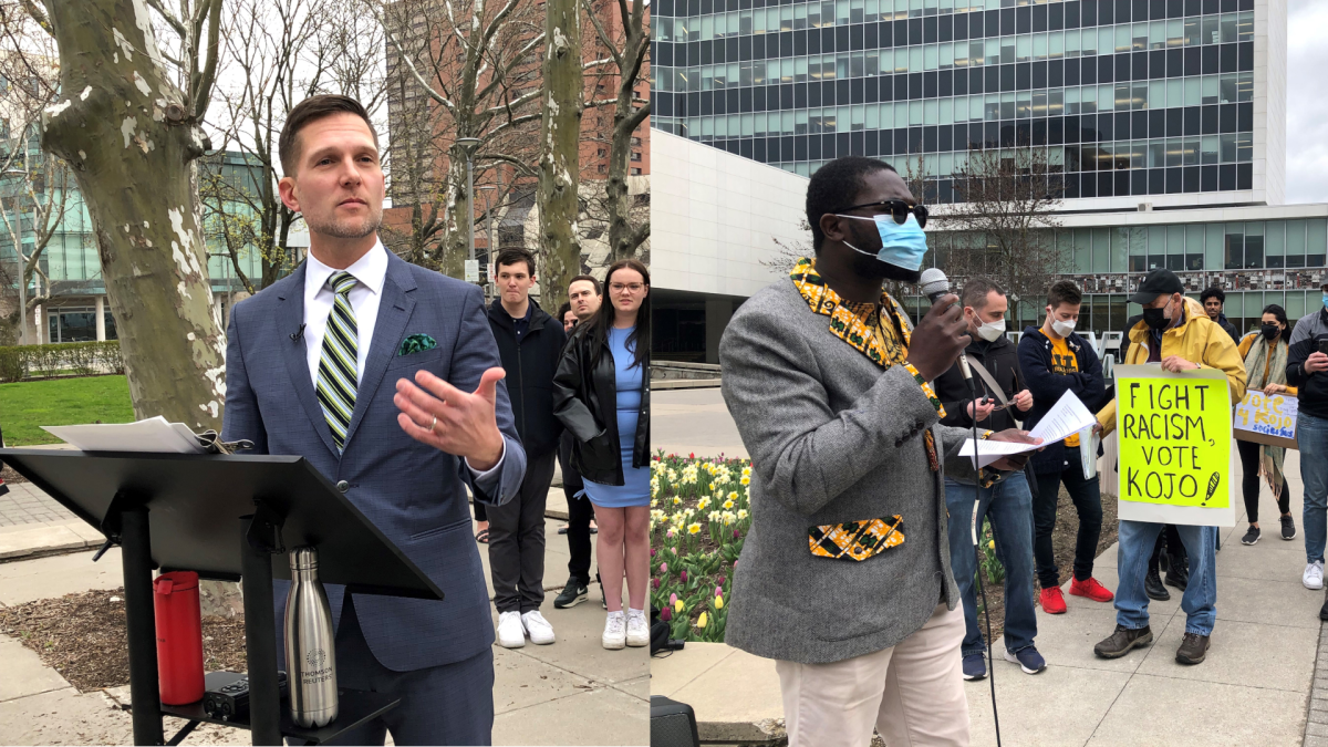 Former Chamber of Commerce boss Keanin Loomis and HCCI director Kojo Damptey address supporters on Main Street West Monday May 2, 2022. Loomis registered as a candidate for mayor in the upcoming municipal elections, while Damptey is running councillor in Ward 14.