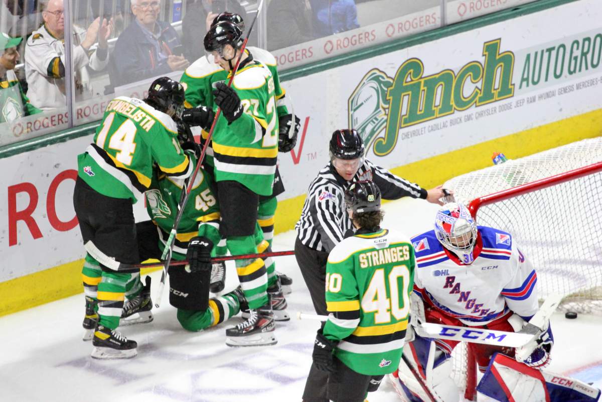 The London Knights celebrate a goal by Gerard Keane.