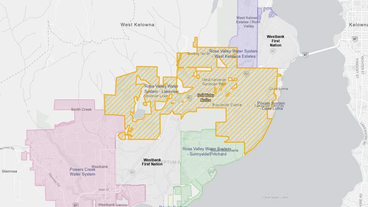 A map of West Kelowna showing areas under the boil water notice in yellow.