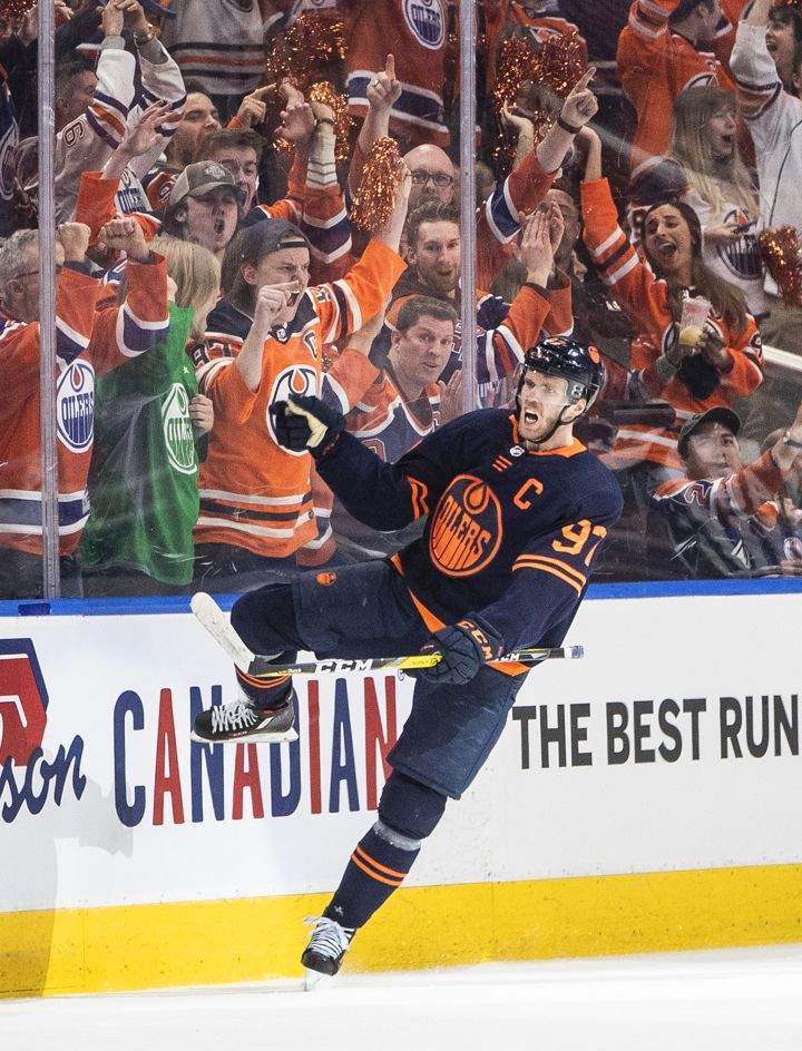 Edmonton Oilers’ Connor McDavid (97) celebrates a goal against the Los Angeles Kings during first period NHL playoff action in Edmonton, Monday, May 2, 2022.