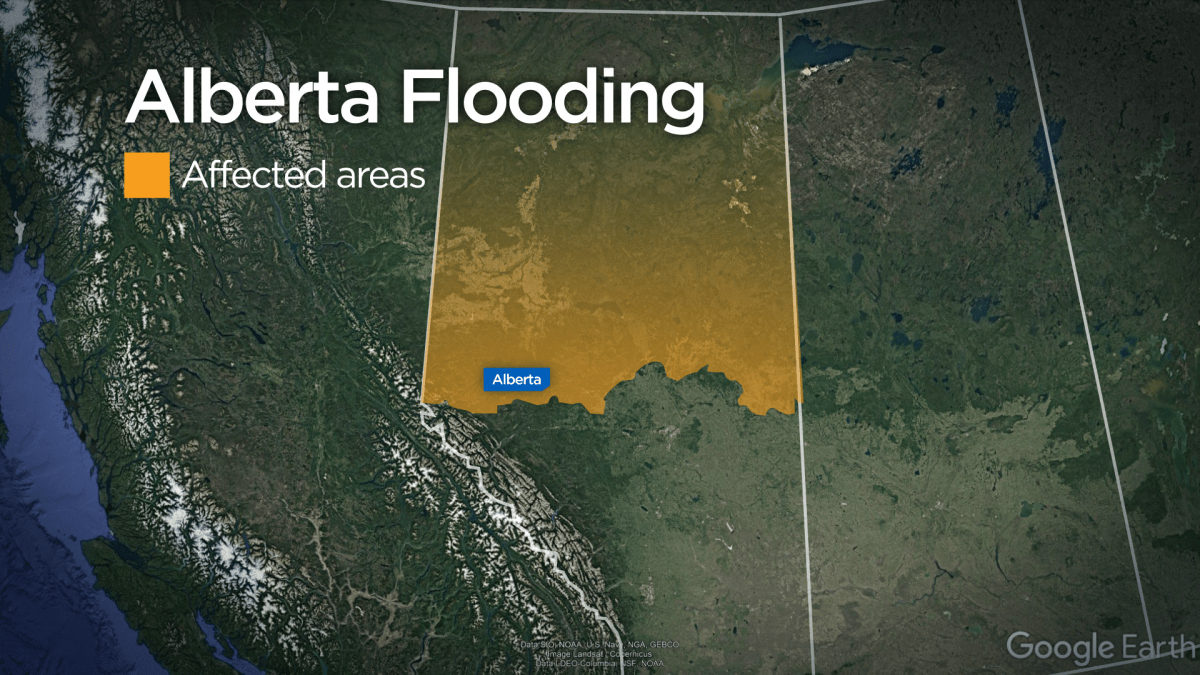 The highlighted section of the map depicts the area in northern Alberta affected by flooding (Global News)