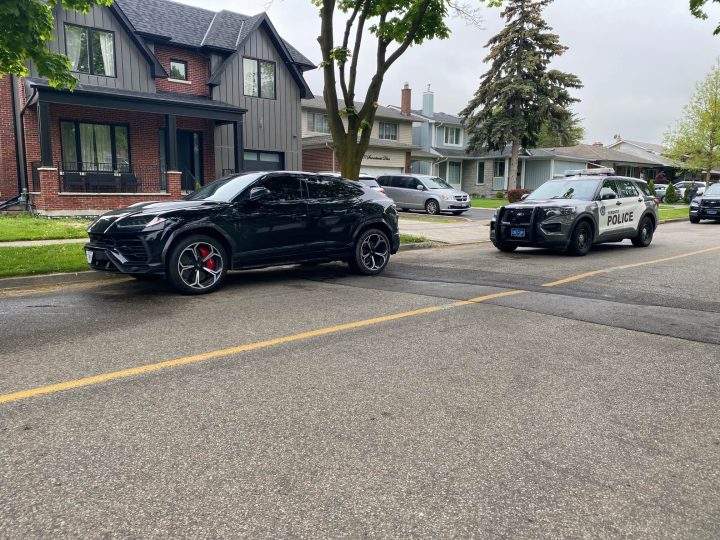 A Lamborghini SUV that Toronto police say was stolen from a downtown condo is seen in the city's west end Thursday morning.