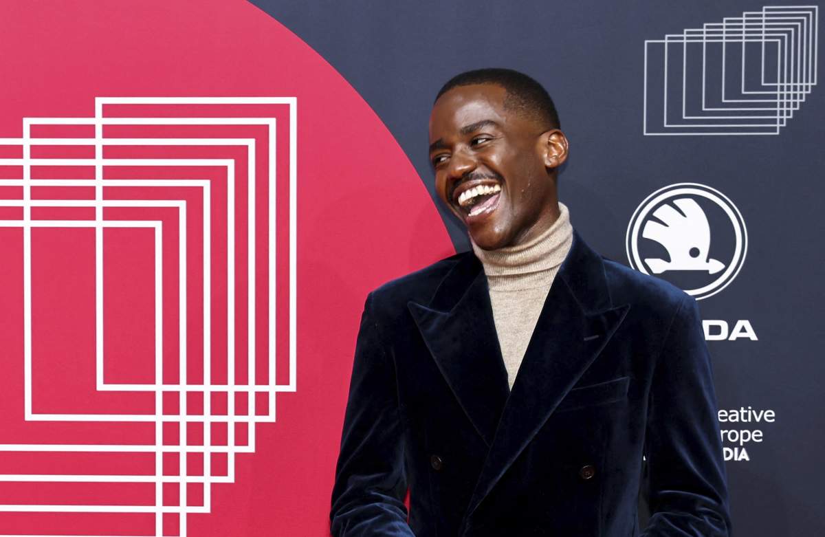 Ncuti Gatwa arrives for the 34th European Film Awards in Berlin, Germany, Saturday Dec. 11, 2021. (Christian Mang/Pool via AP).