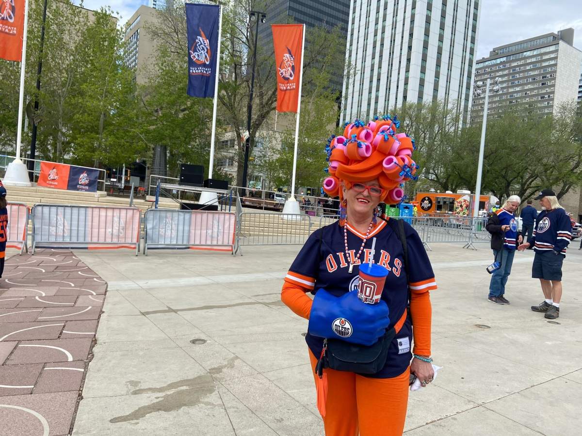 An Edmonton Oilers fan at the "Let's Go Oilers! Community Rally" in Churchill Square in advance of Game 4 on Tuesday, May 24, 2022.