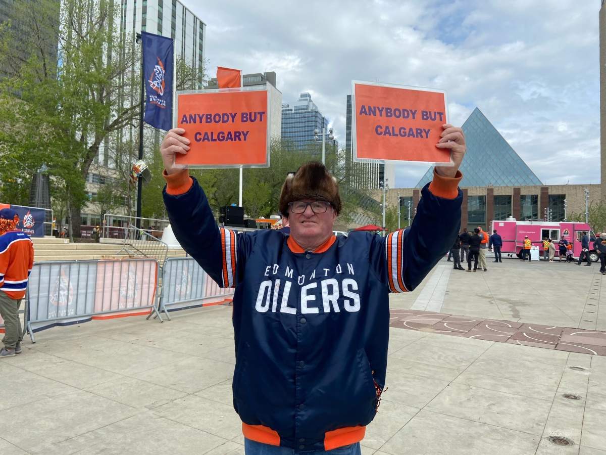 An Edmonton Oilers fan at the "Let's Go Oilers! Community Rally" in Churchill Square in advance of Game 4 on Tuesday, May 24, 2022.