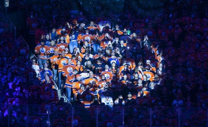 Fans cheer during the opening ceremony before the Los Angeles Kings take on the Edmonton Oilers during NHL playoff action in Edmonton, Monday, May 2, 2022.
