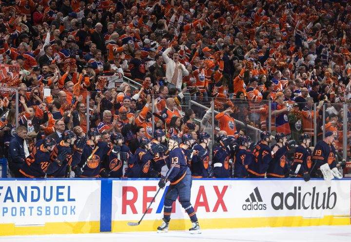 Edmonton Oilers’ Jesse Puljujarvi (13) celebrates goal against the Los Angeles Kings during third period NHL playoff action in Edmonton on Wednesday, May 4, 2022.