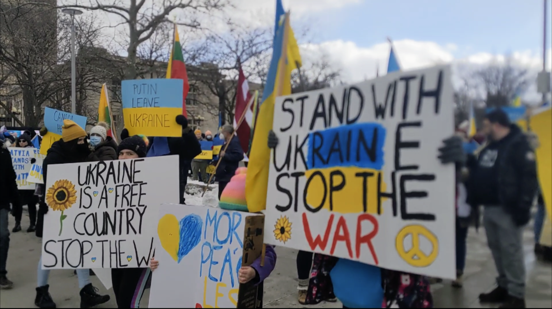 On Sunday February 27th 2022, a similar solidarity rally was held outside Hamilton City Hall.