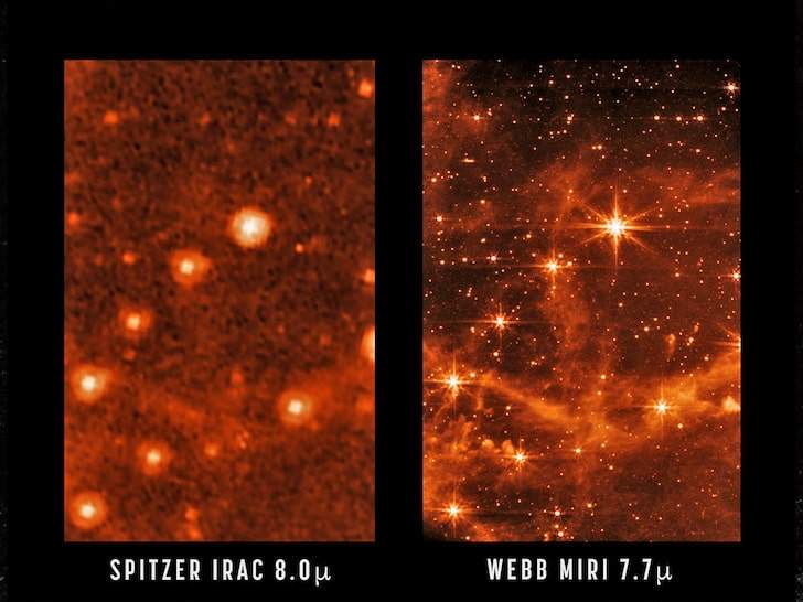 The sharpess and level of detail captured by the Spitzer Space Telescope (left) and the James Webb Space Telescope (right).