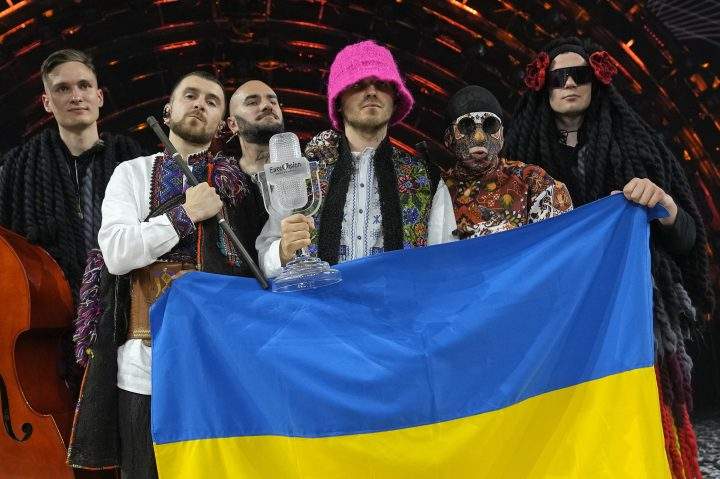 Kalush Orchestra from Ukraine celebrate after winning the Grand Final of the Eurovision Song Contest at Palaolimpico arena, in Turin, Italy, Saturday, May 14, 2022.