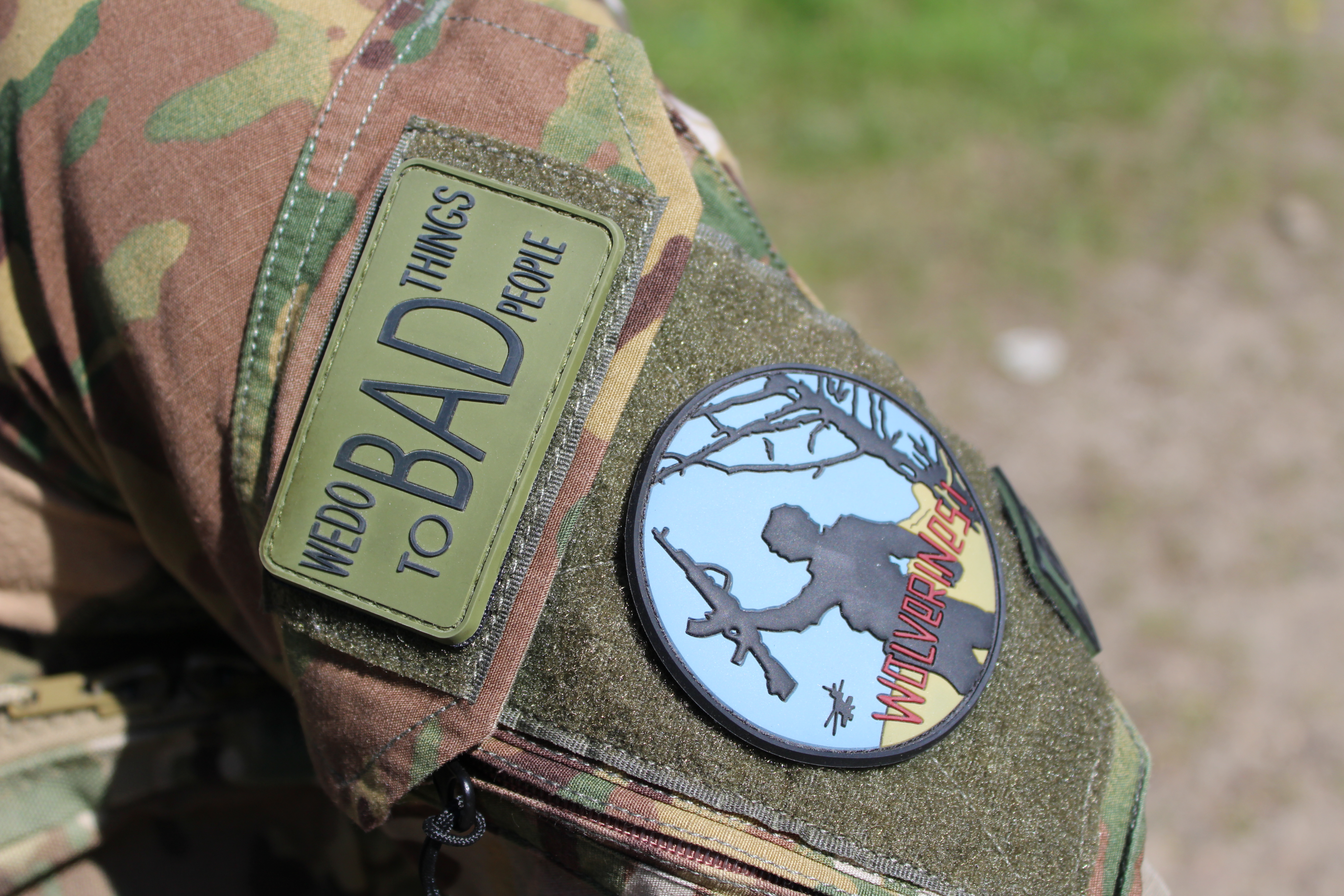 A Wolverines instructor shows his shoulder patch, a tribute to the film Red Dawn, May 16, 2022.