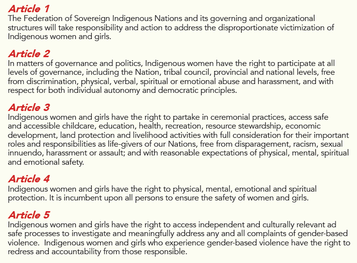 The principles guiding the FSIN’s Declaration to Honour Indigenous Women and Girls.