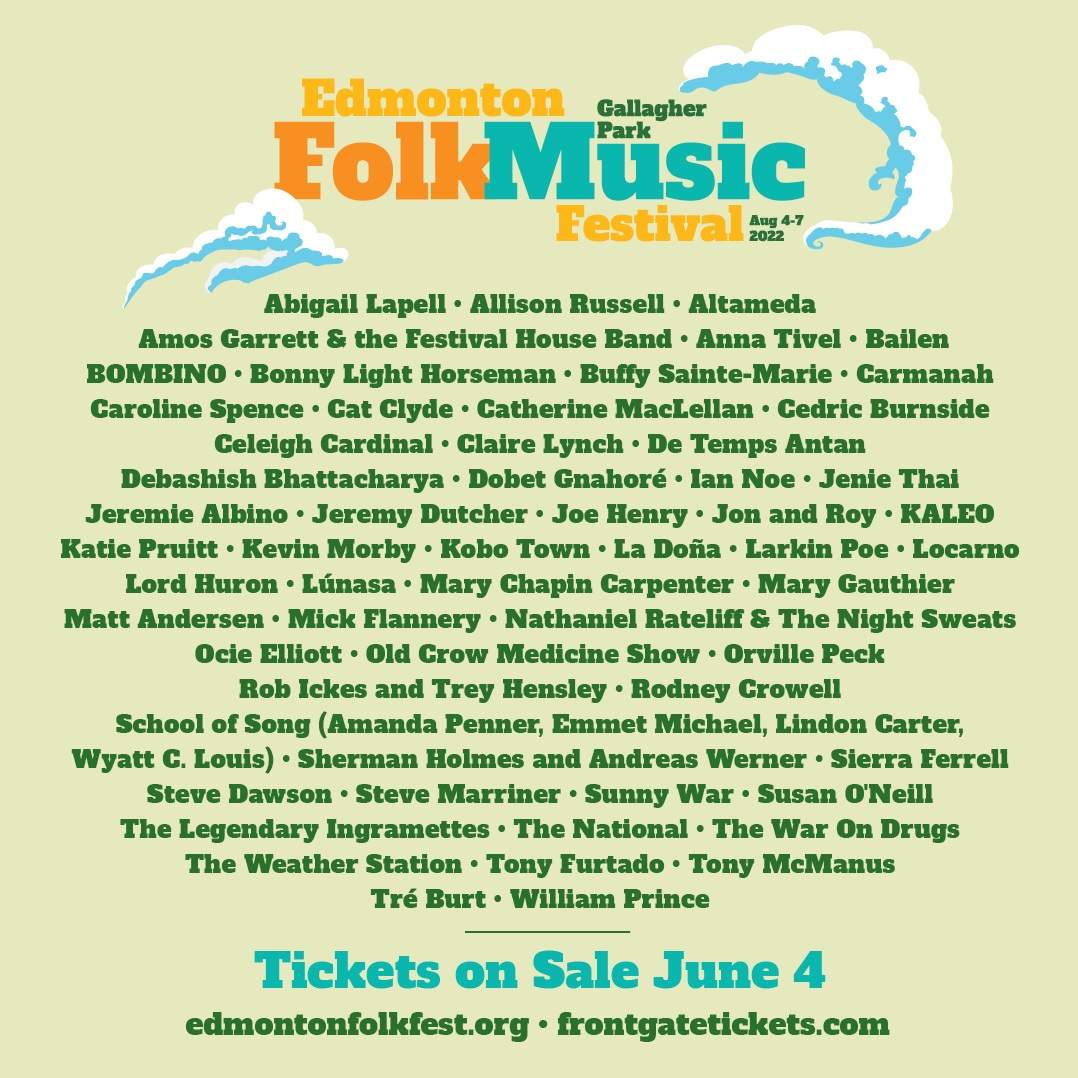 The 2022 Edmonton Folk Music Festival lineup.