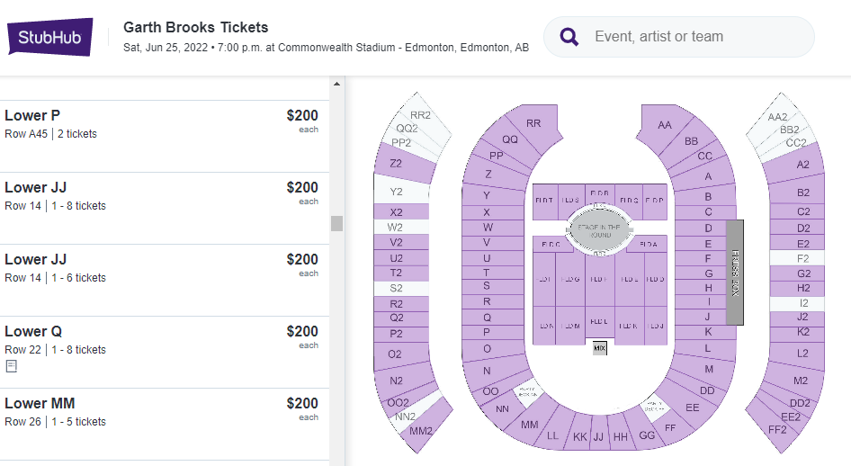 A screenshot of seats available for the sold out Garth Brooks concert in Edmonton on StubHub, pictured on May 6, 2022.