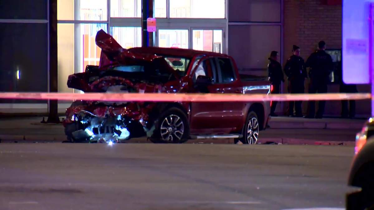 Calgary police closed off the intersection of 17 Avenue SE and 36 Street SE after a shooting and collision on May 11, 2022.