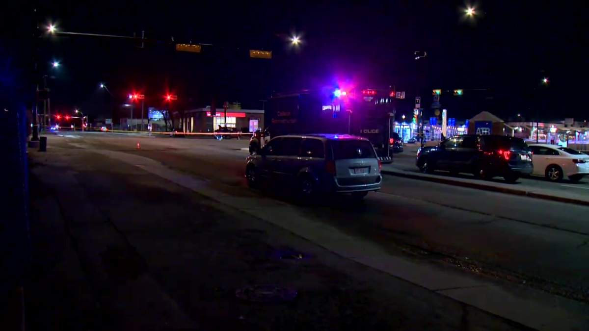 Calgary police closed off the intersection of 17 Avenue SE and 36 Street SE after a shooting and collision on May 11, 2022.