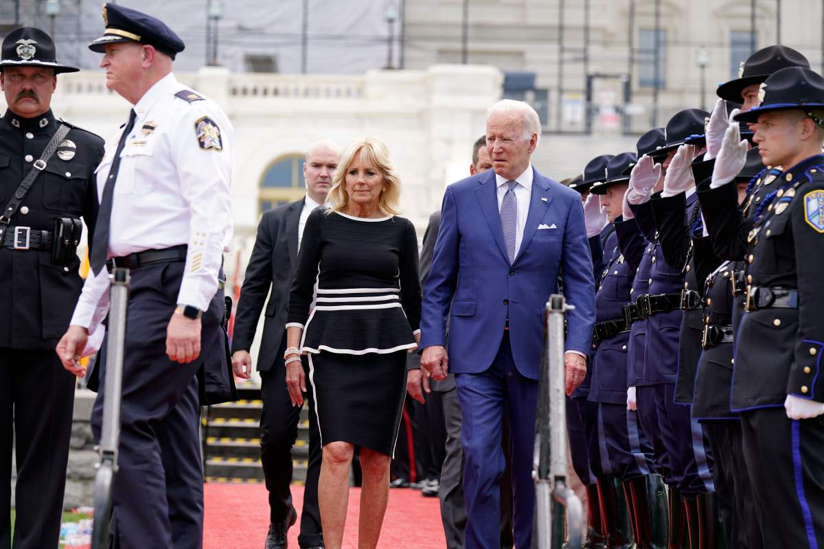 President Joe Biden and first lady Jill Biden attend the National Peace Officers’ Memorial Service at the Capitol in Washington, Sunday, May 15, 2022, honoring the law enforcement officers who lost their lives in the line of duty in 2021. (AP Photo/Manuel Balce Ceneta)