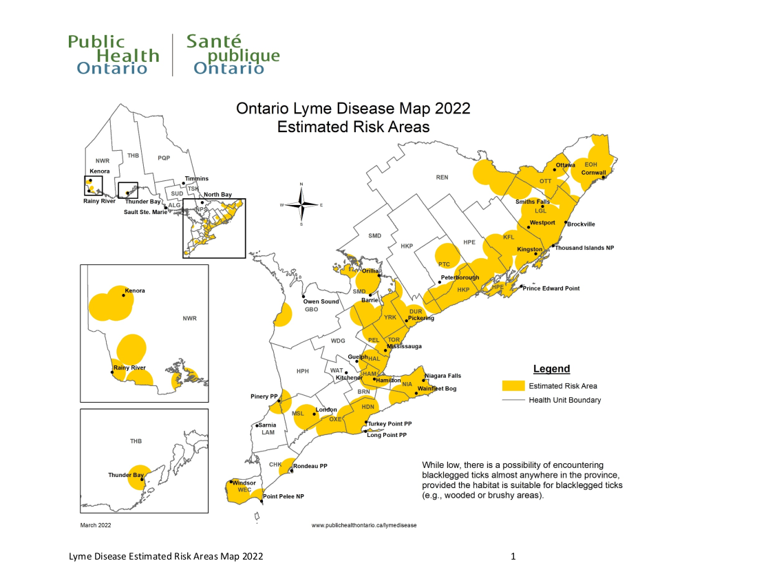 The Ontario Lyme Disease Map: Estimated Risk Areas is updated annually. It provides information toassist public health professionals and clinicians in their management of Lyme disease.