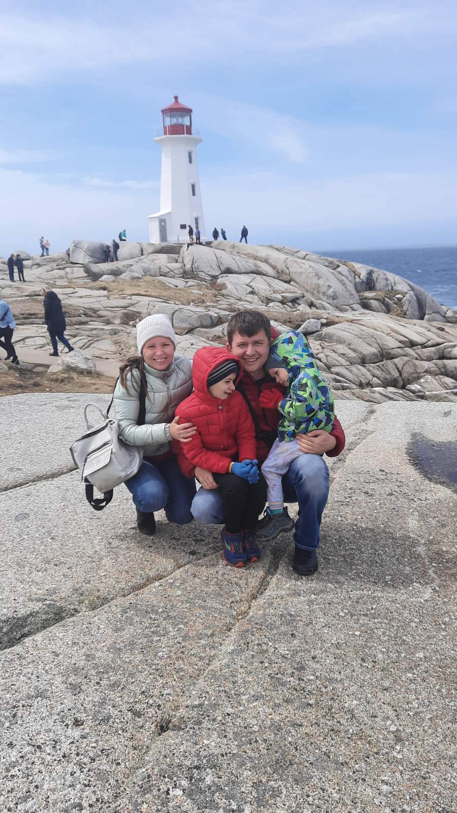 The Kashura family visiting Peggy’s Cove in their new home of Nova Scotia