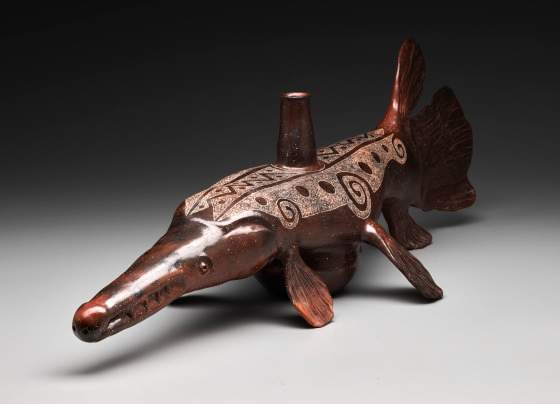 This piece of pottery created by Caddo artist Chase Kahwinhut Earles was made using ancestral Caddo methods. It is in the shape of an alligator gar fish and was destroyed Wednesday after a break-in at the Dallas Art Museum.