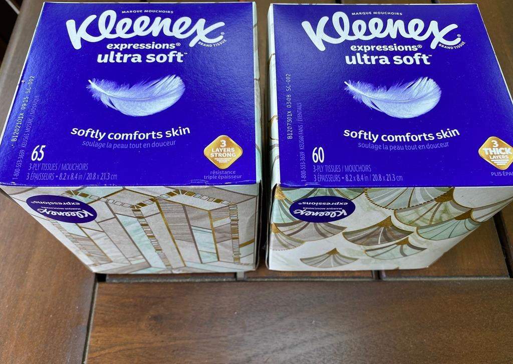 Two boxes of Kleenex tissues are displayed in Ann Arbor, Mich., on Wednesday, May 25, 2022. The maker of Kleenex told Global News Friday it will no longer be selling its tissue products in Canada.
