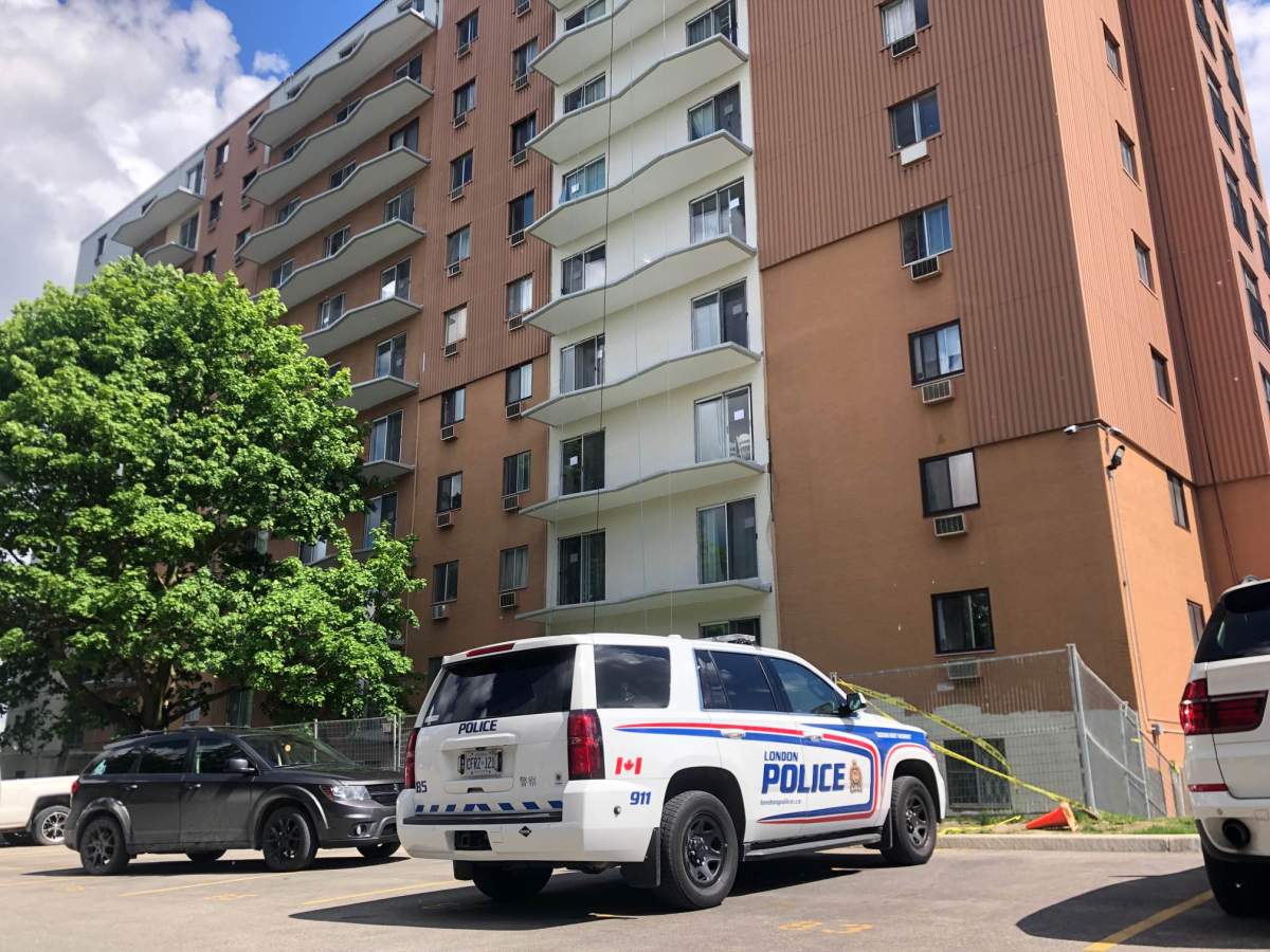A police cruiser sits in the parking lot of 301 Baseline Road West on June 9, 2022.