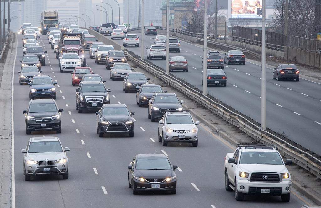 Heavy traffic leaves the downtown core in Toronto on Thursday Jan. 14, 2021.