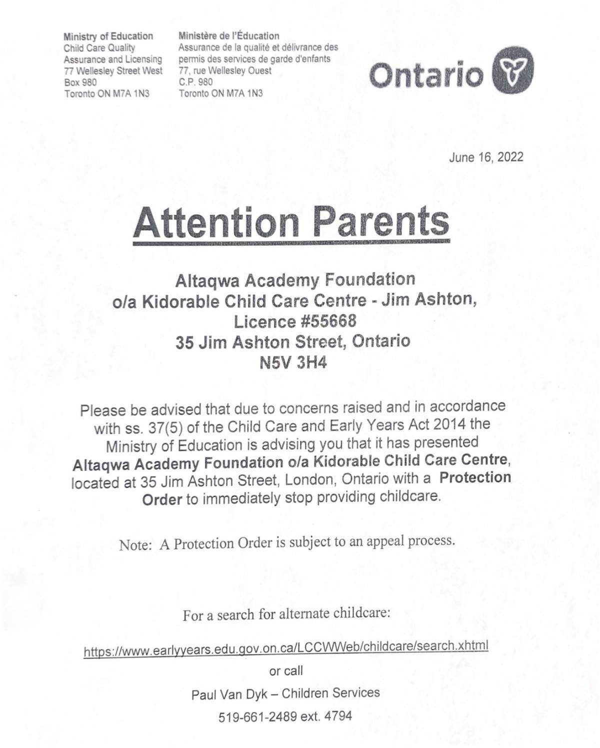 The notice posted at both Kidorable locations in London.