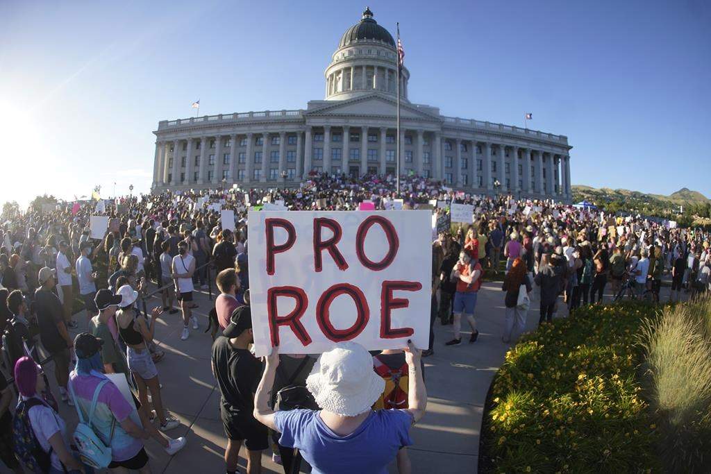 People attend an abortion-rights protest at the Utah State Capitol in Salt Lake City after the Supreme Court overturned Roe v. Wade, Friday, June 24, 2022. The U.S. Supreme Court’s decision to end constitutional protections for abortion has cleared the way for states to impose bans and restrictions on abortion — and will set off a series of legal battles. (AP Photo/Rick Bowmer)