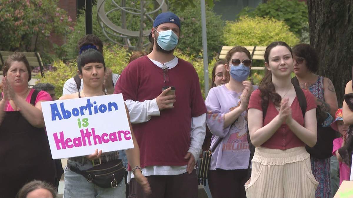 About 100 people showed up to Saturday’s rally in response to the U.S. Supreme Court overturning Roe v. Wade on Friday