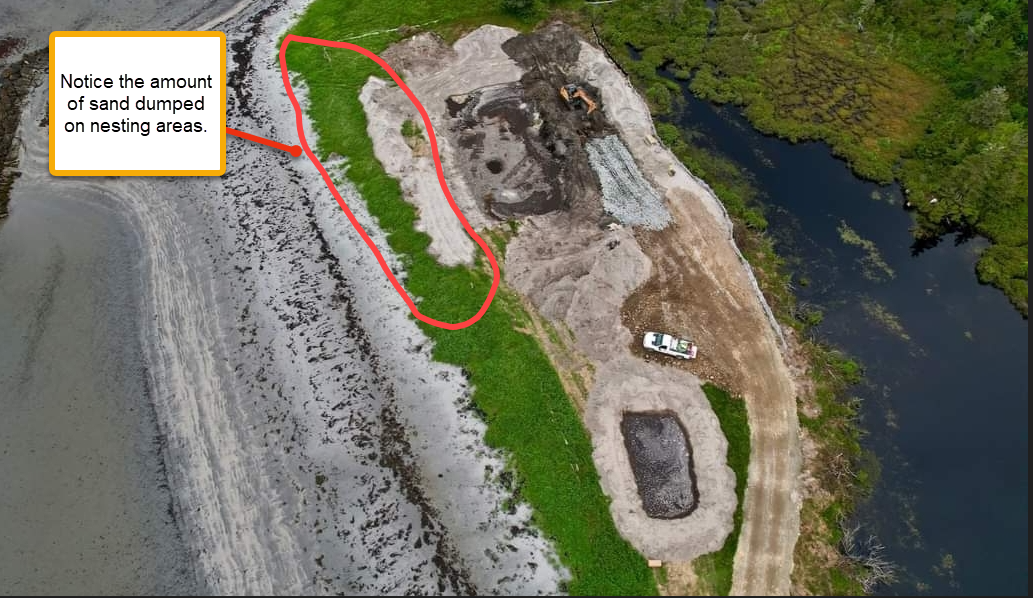 An aerial photo showing where sand is being dumped on the grass.
