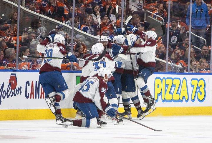 Colorado Avalanche celebrate the win over the Edmonton Oilers during overtime NHL conference finals action in Edmonton on Monday, June 6, 2022.