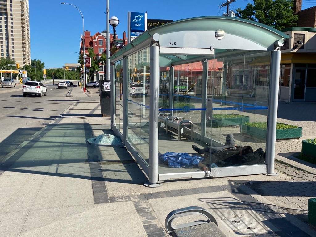Broken glass at the bus shelter at River Avenue and Osborne Street.