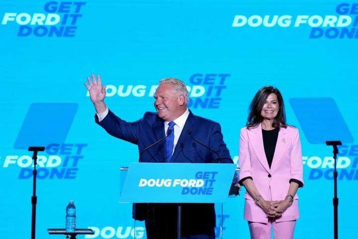 Ontario Premier Doug Ford and wife Karla celebrate on stage after being re-elected Premier of Ontario in the provincial election, in Toronto, Thursday, June 2, 2022.