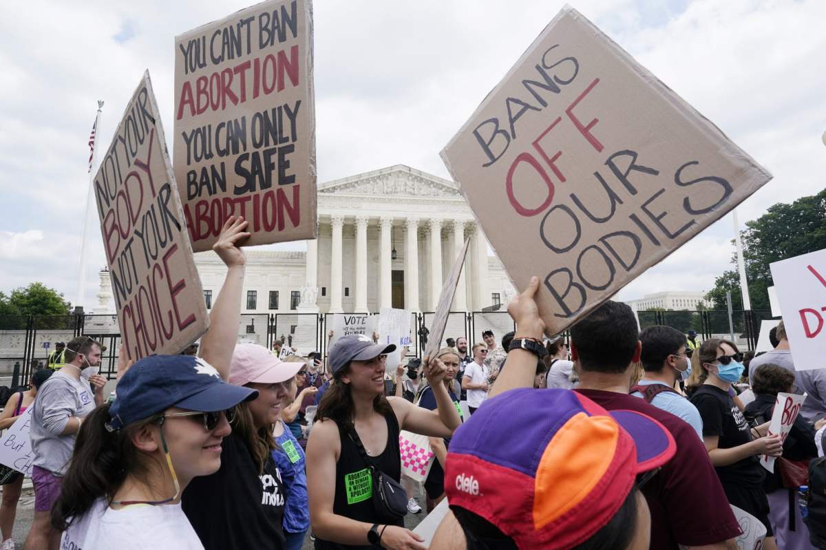 Protesters gather outside the Supreme Court in Washington, Friday, June 24, 2022.