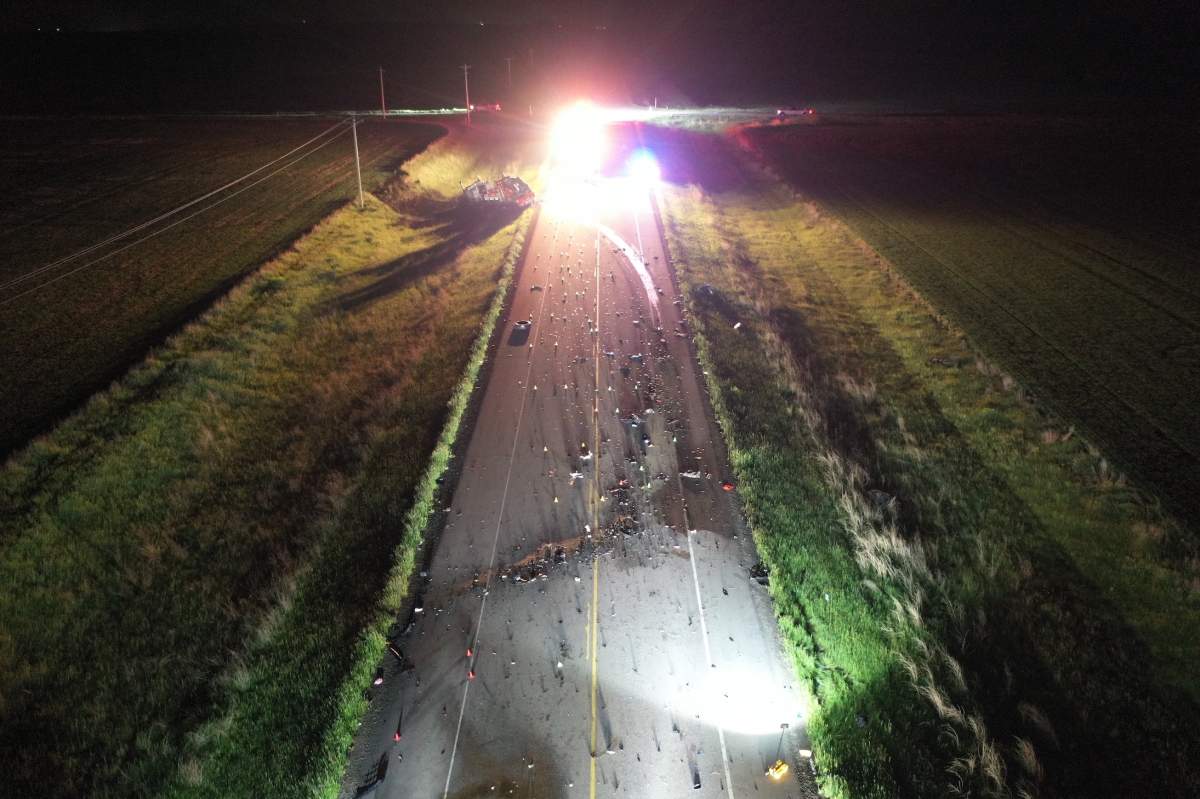 The scene of a fatal motor vehicle collision near Trochu, Alta., pictured on June 17, 2022.