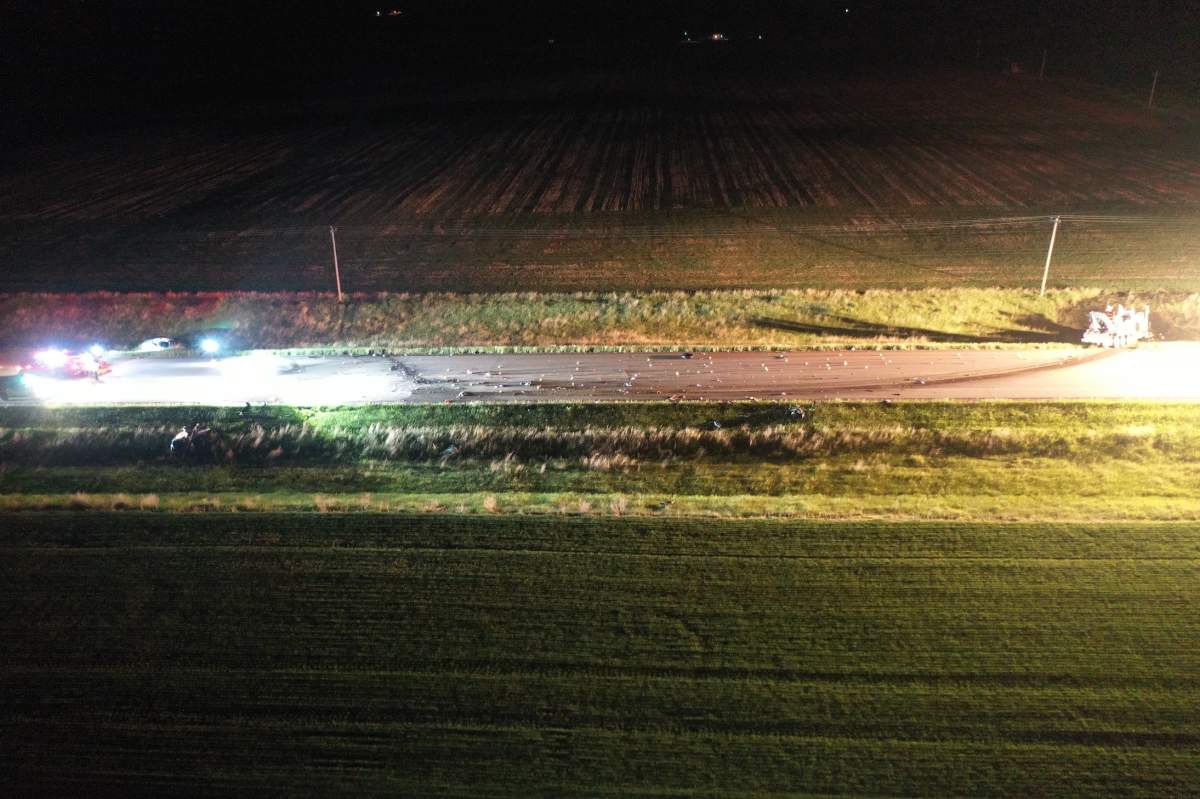 The scene of a fatal motor vehicle collision near Trochu, Alta., pictured on June 17, 2022.