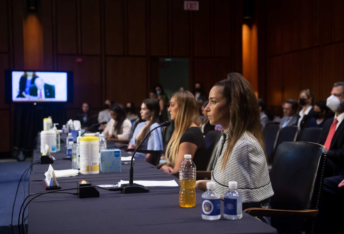 U.S. gymnasts Simone Biles, McKayla Maroney, Maggie Nichols and Aly Raisman testify during a Senate Judiciary hearing about the Inspector General's report on the FBI handling of the Larry Nassar investigation of sexual abuse of U.S. gymnasts, on Capitol Hill, September 15, 2021 in Washington, DC.