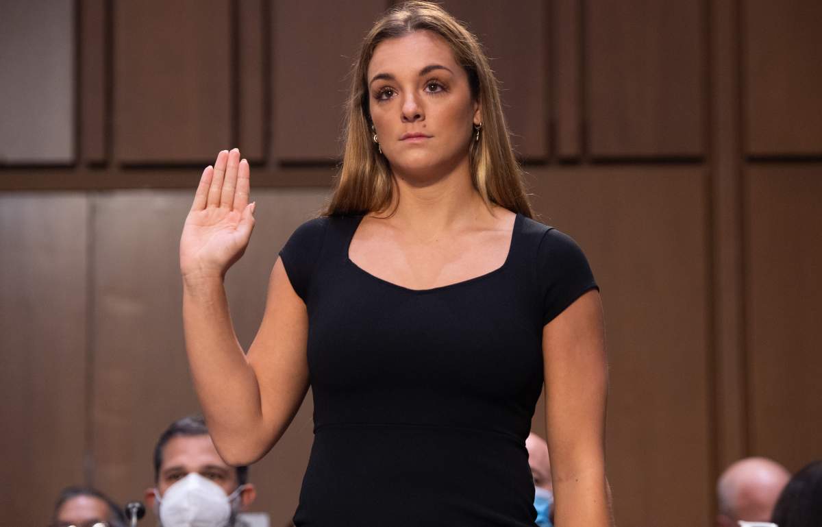 U.S. gymnast Maggie Nichols is sworn in to testify during a Senate Judiciary hearing about the Inspector General's report on the FBI handling of the Larry Nassar investigation of sexual abuse of U.S. gymnasts, on Capitol Hill, September 15, 2021, in Washington, DC.
