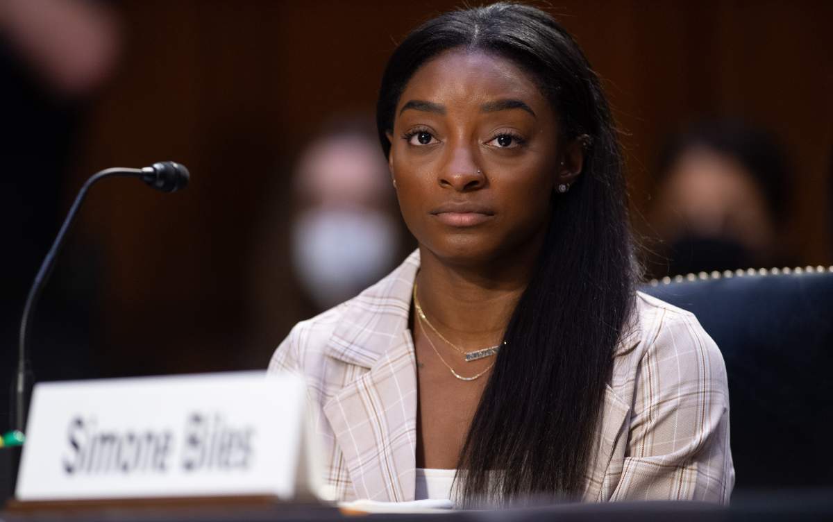 U.S. Olympic gymnast Simone Biles testifies during a Senate Judiciary hearing about the Inspector General's report on the FBI handling of the Larry Nassar investigation of sexual abuse of U.S. gymnasts, on Capitol Hill, September 15, 2021 in Washington, DC.