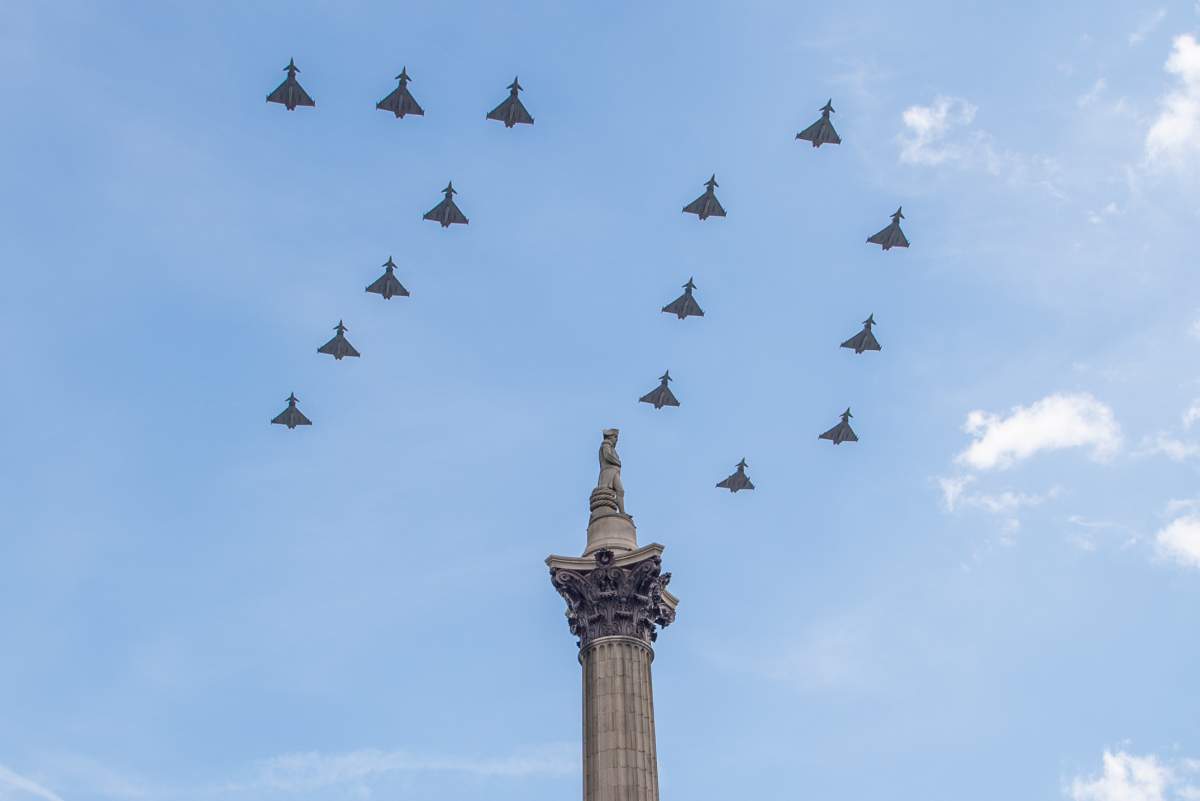 RAF Typhoons make the number 70 in sky over Trafalgar Square during the Platinum Jubilee celebrations. June 2, 2022 in London, England.