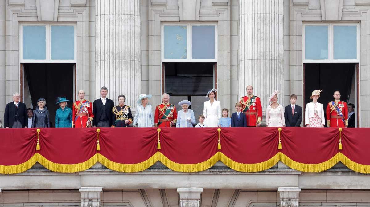 Prince Richard, Duke of Gloucester, Birgitte, Duchess of Gloucester, Prince Edward, Duke of Kent, Timothy Laurence, Princess Anne, Princess Royal, Camilla, Duchess of Cornwall, Prince Charles, Prince of Wales, Queen Elizabeth II, Prince Louis of Cambridge, Catherine, Duchess of Cambridge, Princess Charlotte of Cambridge, Prince George of Cambridge, Prince William, Duke of Cambridge, Sophie, Countess of Wessex, James, Viscount Severn, Lady Louise Windsor and Prince Edward, Earl of Wessex on the balcony of Buckingham Palace watch the RAF flypast during the Trooping the Colour parade on June 02, 2022 in London, England.