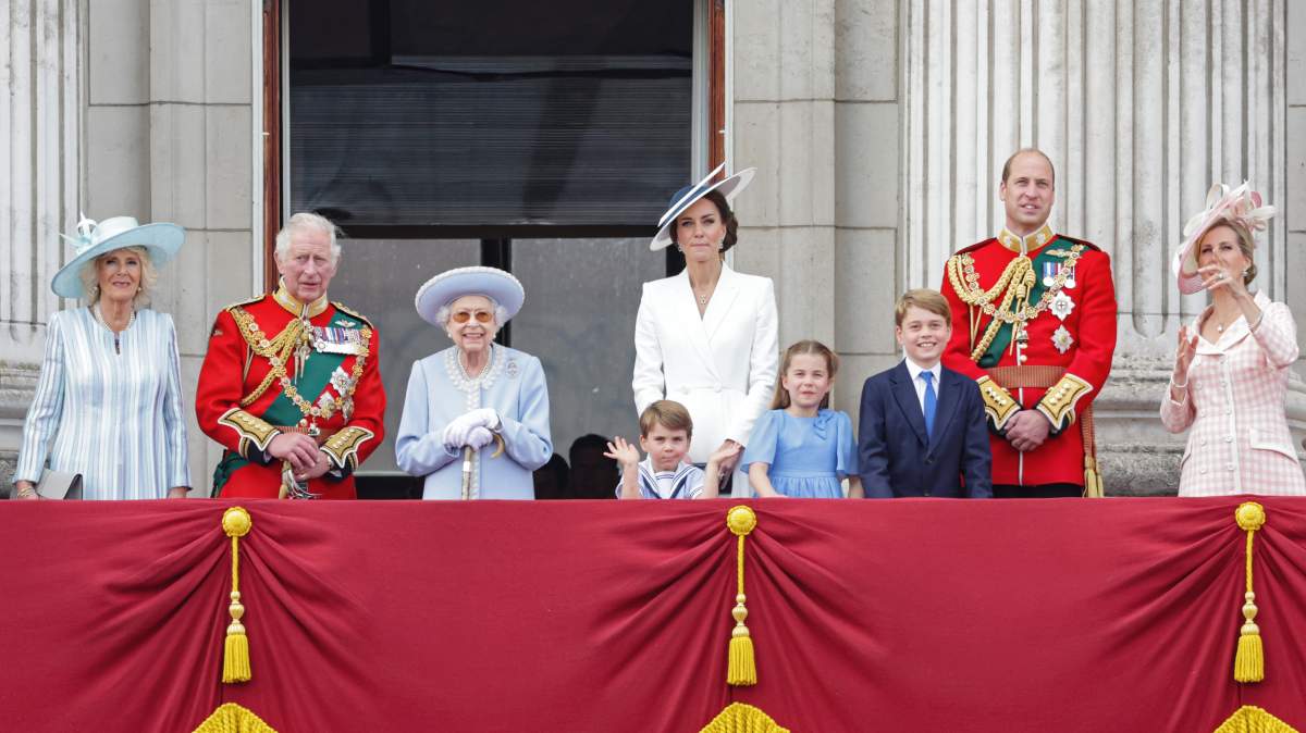 Member of the royal family appear on the balcony of Buckingham Palace watch the RAF flypast during the Trooping the Colour parade on June 02, 2022 in London, England.
