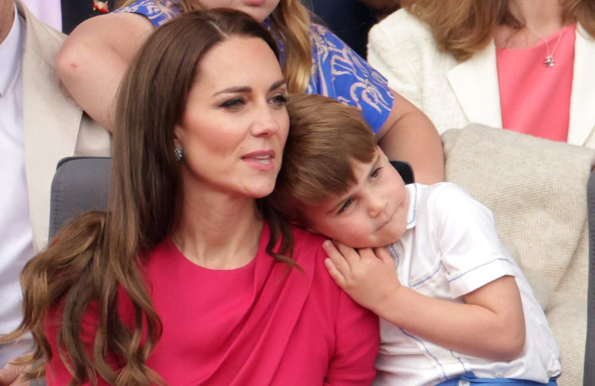 Catherine, Duchess of Cambridge and Prince Louis of Cambridge watch the Platinum Jubilee Pageant from the Royal Box during the Platinum Jubilee Pageant on June 05, 2022 in London, England.
