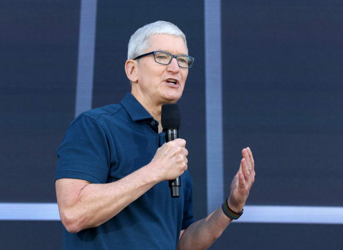 Apple CEO Tim Cook delivers a keynote address during the WWDC22 at Apple Park on June 06, 2022 in Cupertino, California. Apple CEO Tim Cook kicked off the annual WWDC22 developer conference.