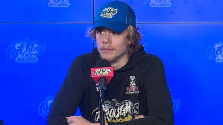 Oil Kings defenceman Kaiden Guhle speaks to reporters on June 17, 2022.