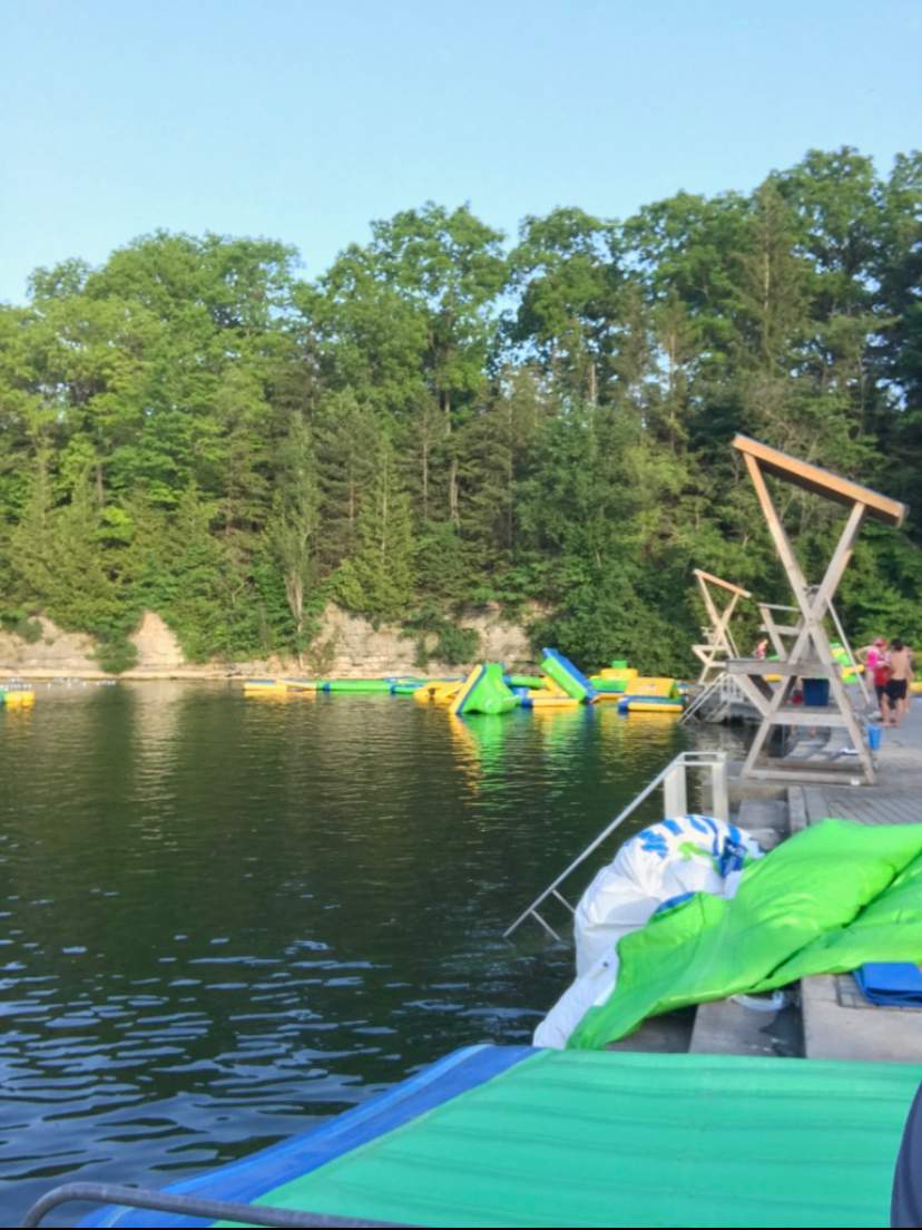 Beginning stages of the installation process for the Super Splash waterpark on St. Marys, Ont., quarry on Tuesday.
