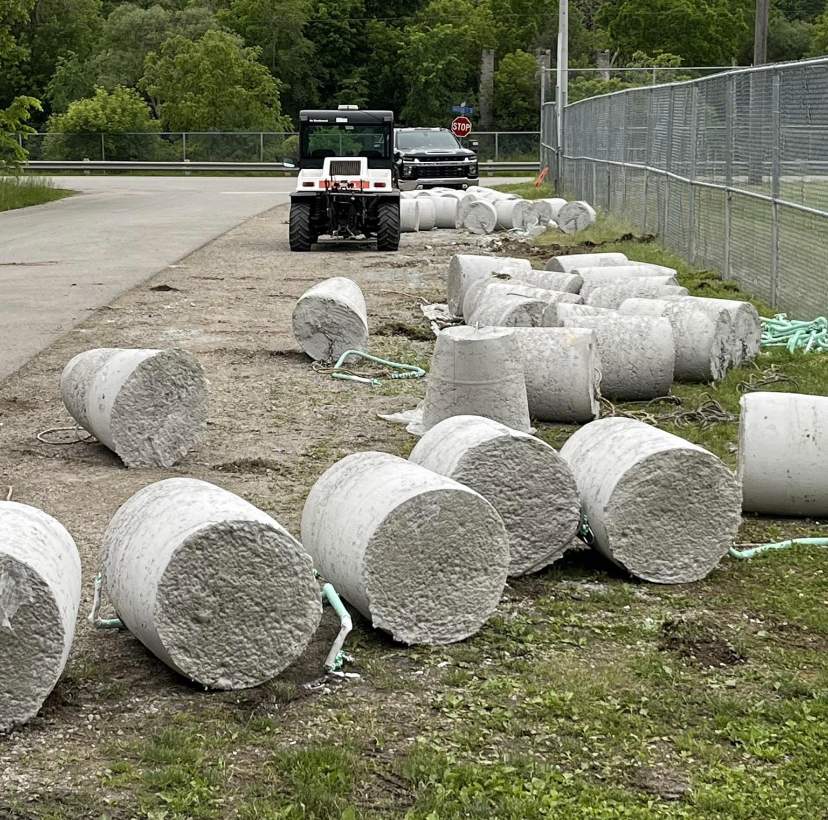 On Monday, about 60 concrete blocks to be used as anchors for the Super Splash floating waterpark coming to the St. Marys quarry needed to be cut in order to be transported by the helicopter.